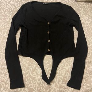 Shein Black Long Sleeve Button Up Tie Front